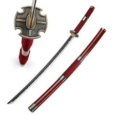 two swords with red and gold trimmings are next to an iron cross on a white background