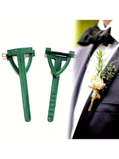 two pieces of green plastic with flowers on them and a man in a tuxedo wearing a bow tie