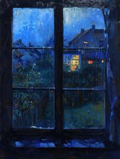 Stormy Night Painting, Nostalgic Painting Ideas, Rainy Illustration Art, Window Reflection Painting, Window Rain Painting, Rainy Window Painting, Night Aesthetic Art, Rain Oil Painting, Paint Rain