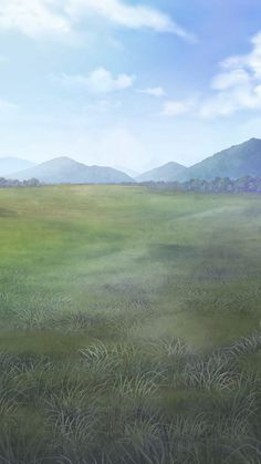 an artist's rendering of a grassy field with mountains in the backgroud