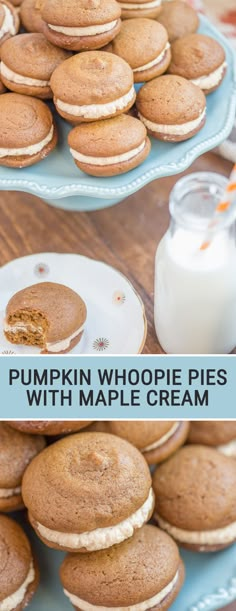 pumpkin whoopie pies with maple cream are on plates and next to a glass of milk