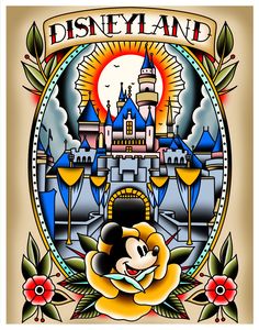 the disney land logo with mickey mouse in front of an ornate castle and sunburst