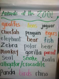 a sign with animals at the zoo written in different colors and sizes on it's side