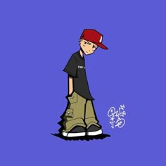 a drawing of a boy wearing a red hat and jeans, standing in front of a blue background