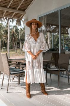 Our fascinating Abigail Lace Maxi Dress in white with its unique lace trims is a fresh and feminine design, created for a relaxed resort feel that will easily see you through sun-drenched days and balmy nights. Specs: Material: 100% Cotton Summer Beachwear Cover-up With Lace Trim, V-neck Beach Dress With Lace Trim As Cover-up, V-neck Beach Dress With Lace Trim, V-neck Vacation Dress With Lace Sleeves, White V-neck Boho Summer Dress, Flowy Boho Dress With Lace Trim For Beach, V-neck Maxi Dress With Lace Patchwork For Beach, V-neck Lace Patchwork Maxi Dress For Beach, White V-neck Boho Dress For Summer