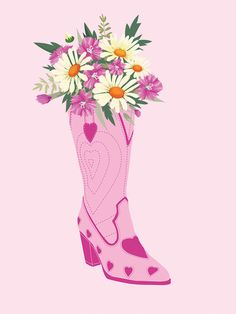 a pink cowboy boot with daisies and hearts painted on the inside, against a pink background