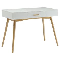 a white desk with two drawers and wooden legs