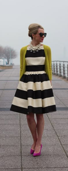 Gorgeous Kate Spade striped dress, love the pops of color from the cardigan and heels. Elegant Black And White Midi Dress For Spring, Chic Full Skirt Dress For Day Out, Elegant Black And White Dress For Day Out, Elegant Black And White Knee-length Dress, Elegant Full Skirt Dress For Day Out, Elegant A-line Kate Spade Dress, White Cocktail Dress With Full Skirt, Elegant Black And White Long Sleeve Dress, Chic Black And White Dresses For Work