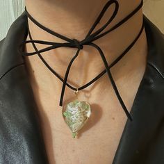 "The Mint Glass Heart Necklace 🤍 Featuring a large murano glass heart pendant and a 48\" cut suede string cord. There are a ton of ways to wear this necklace (you can even wear it as a waist belt!) and if you need a custom length, DM me!  Handmade glass heart pendants~ no two are the same! Unisex 🖤 Made with love 🫶" Glass Heart Necklace Outfit, Big Heart Necklace, Big Pendant Necklace, Glass Heart Necklace, Necklace Leather, Heart Pendants, Suede Cord, Glass Pendant Necklace, Cat Necklace