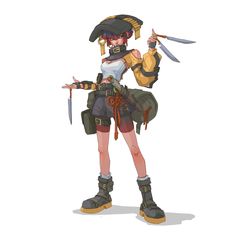 a woman dressed in pirate garb holding two knives and a knife with both hands