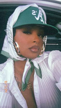 90s Hat Outfit, Teal Hat Outfit, Black Women In Durags, Durag With Hat, Scarf Over Fitted Hat, Cap With Braids Black Women, Black And White Hat Outfit, Cute Outfit With Hat, Scarf Over Hat Outfit