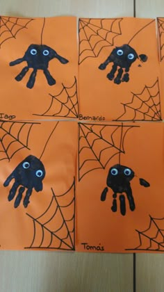 four pictures of handprinted hands and spider webs on an orange paper bag