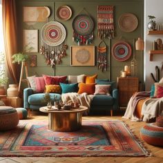 a living room filled with lots of colorful furniture