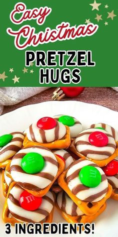 christmas pretzel hugs on a white plate with green and red candy candies