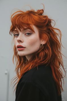 78+ Shaggy Mullet Hair Ideas For Women Ska Hairstyles Women, Orange Color Hair Ideas, Color Split Hair, Long Bob Ginger Hair, Amber Orange Hair, Rocker Shag Mullet, Short Layer Hair With Bangs, Ginger Bangs Hair, Shaggy Red Hair With Bangs