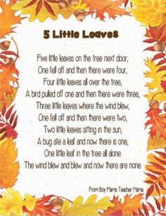 a poem written in autumn leaves with the words five little leaves