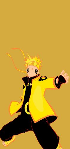 an anime character with yellow hair and black pants, holding his arms out in the air