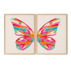 two framed paintings with colorful butterfly wings on the wall, one in pink and blue