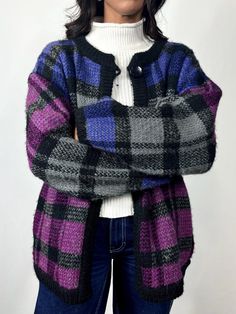 80's Plaid Knit Cardigan with Purple and Indigo Tones Bay Club Made in Taiwan 100% Acrylic Size Large Fits Like: Large Condition: 4.5/5  -Warm and cozy knit cardigan  -single closure button at collar (likely added on)  -Jewel toned plaid print, with indigo and berry tones  -perfect for layering  -wear me oversized! - - - - - - - All measurements are taken flat + measured in inches.  Chest (pit to pit): 22.5 Waist (doubled): 42 Length: 27 Arms: 19 - - - - - - All clothing is pre-worn (unless noted) and has been washed + steamed (or both) to sanitize. If there are any issues or damages, it will be noted in our description + photographed. No exchanges / refunds please see Shop Policy for more information. Berry Tones, Cozy Cardigan, Cozy Knit, Dress With Cardigan, Plaid Print, Cozy Knits, Warm And Cozy, Knit Cardigan, Sweater Outfits