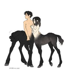 two people standing next to each other on top of a black and white horse in front of a white background