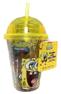 spongebob squarepants tumbler cup with yellow lid and straw in plastic container