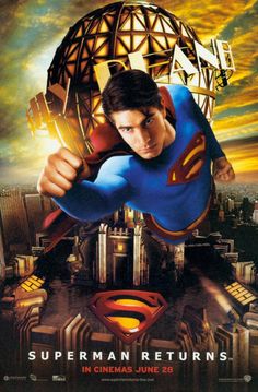 superman returns movie poster with superman in the middle and cityscape behind him, as well as an earth globe