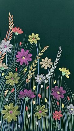 a painting of flowers and grass on a black background