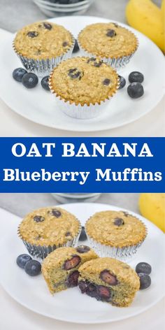 blueberry muffins on a white plate with the words oat banana blueberry muffins