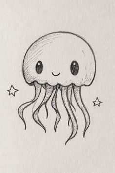 Smiling Jellyfish with Stars Drawing Cute Easy Doodles, Art Inspiration Drawing Ideas Creativity, Cute Sketches Aesthetic Easy Simple, Schetching Ideas, Smile Drawing Easy, Cute Mini Sketches, Cute Drawings Easy Doodles, Doodle Ideas Creativity, Jelly Fish Cute Drawing