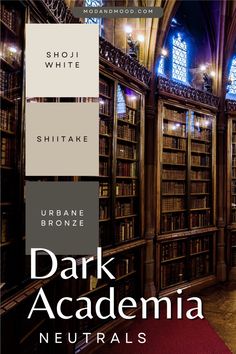 the interior of a library with bookshelves and stained glass windows in shades of white, brown, and gray