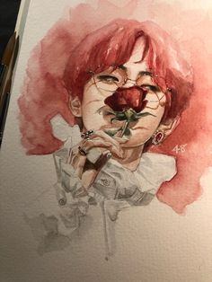 a drawing of a woman with red hair holding a rose