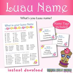 the hawaiian luau name game is shown in pink and yellow with flowers on it