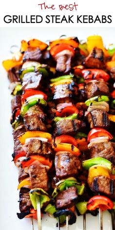 grilled steak kebabs with peppers on skewers