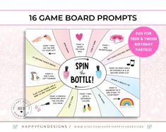 a pink and white photo with the words spin for bottle on it, surrounded by images of