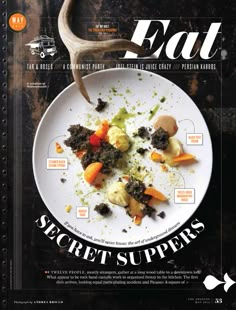 the cover of eat magazine features an image of a plate with food on it