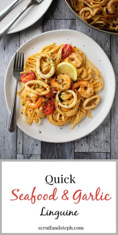 shrimp and garlic linguinne on a white plate