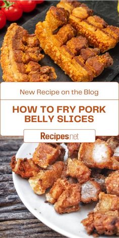 how to fry pork belly slices on the grill with text overlay that reads, new recipe on the blog how to fry pork belly slices