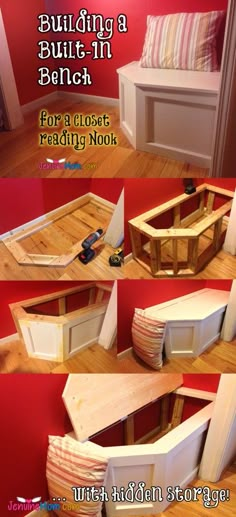 instructions for building a bench in the corner of a room with red walls and wood flooring