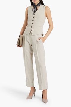 Find BRUNELLO CUCINELLI Checked Linenjacquard Straightleg Pants on Editorialist. Straight-leg pants checked linen-jacquard pleated two side slant pockets two back welt pockets high-rise cut folded cuffs concealed hook, button and zip fastening at front non-stretchy fabric mid-weight fabric dry clean made in italy Love this style? Make it a suit with the matching jacket Linen Suits Women, Italy Love, Silk Vest, Linen Suits, Wardrobe Outfits, Knitwear Tops, Shoes With Jeans, Brunello Cucinelli, Straight Leg Pants