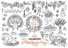 a thanksgiving celebration with turkeys, pumpkins and other items in black and white