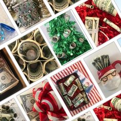 collage of dollar bills and christmas decorations