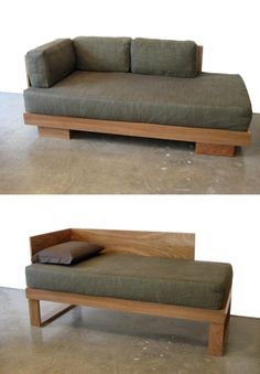 two pictures of a couch with pillows on it and the same one in different positions