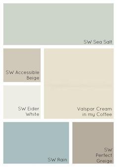 several shades of gray and white paint with the words sww sea salt on them