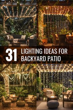 the backyard patio is decorated with lights and potted plants for an outdoor space to enjoy