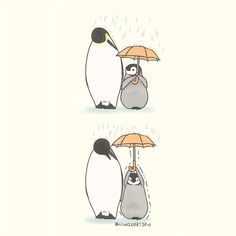 two penguins with umbrellas standing in the rain, one penguin has an umbrella over its head