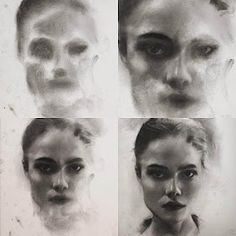 four different faces are shown in this black and white photo, with the same woman's face drawn on it