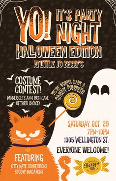 a halloween party flyer with an orange cat