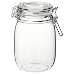 a glass jar with a metal clip on the lid