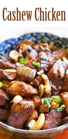 cashew chicken in a bowl with nuts and green onions on the side text reads cashew chicken