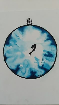 a drawing of a person floating in the air on top of a blue and white circle